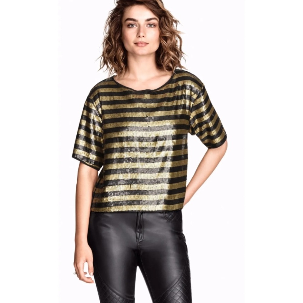 H&M gold and black stripe sequin short sleeve crop top 6